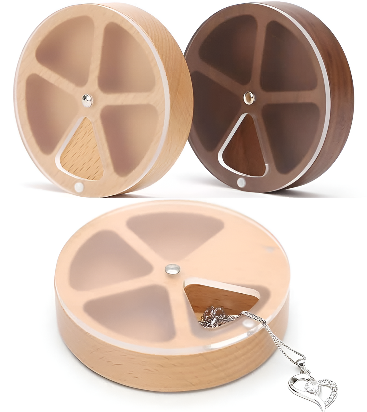 Wooden Rotating-4-Compartment Circular Pill Box with Magnetic Closure – Compact Travel Medicine Storage for Vitamins & Tablets