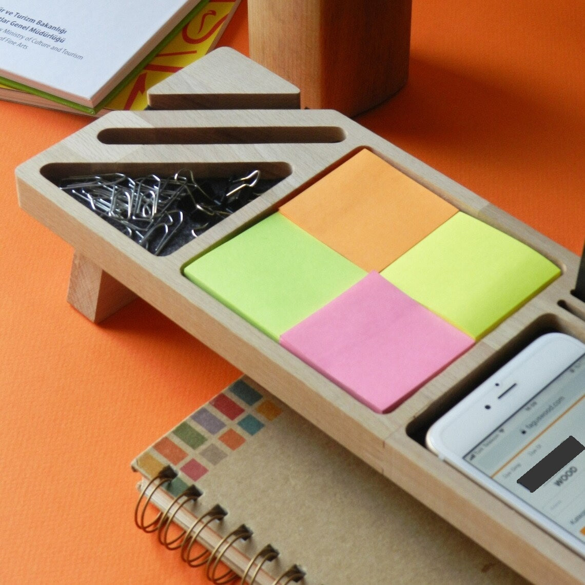 Stylish Wooden Desk Organizer with Compartments for Phone, Pens