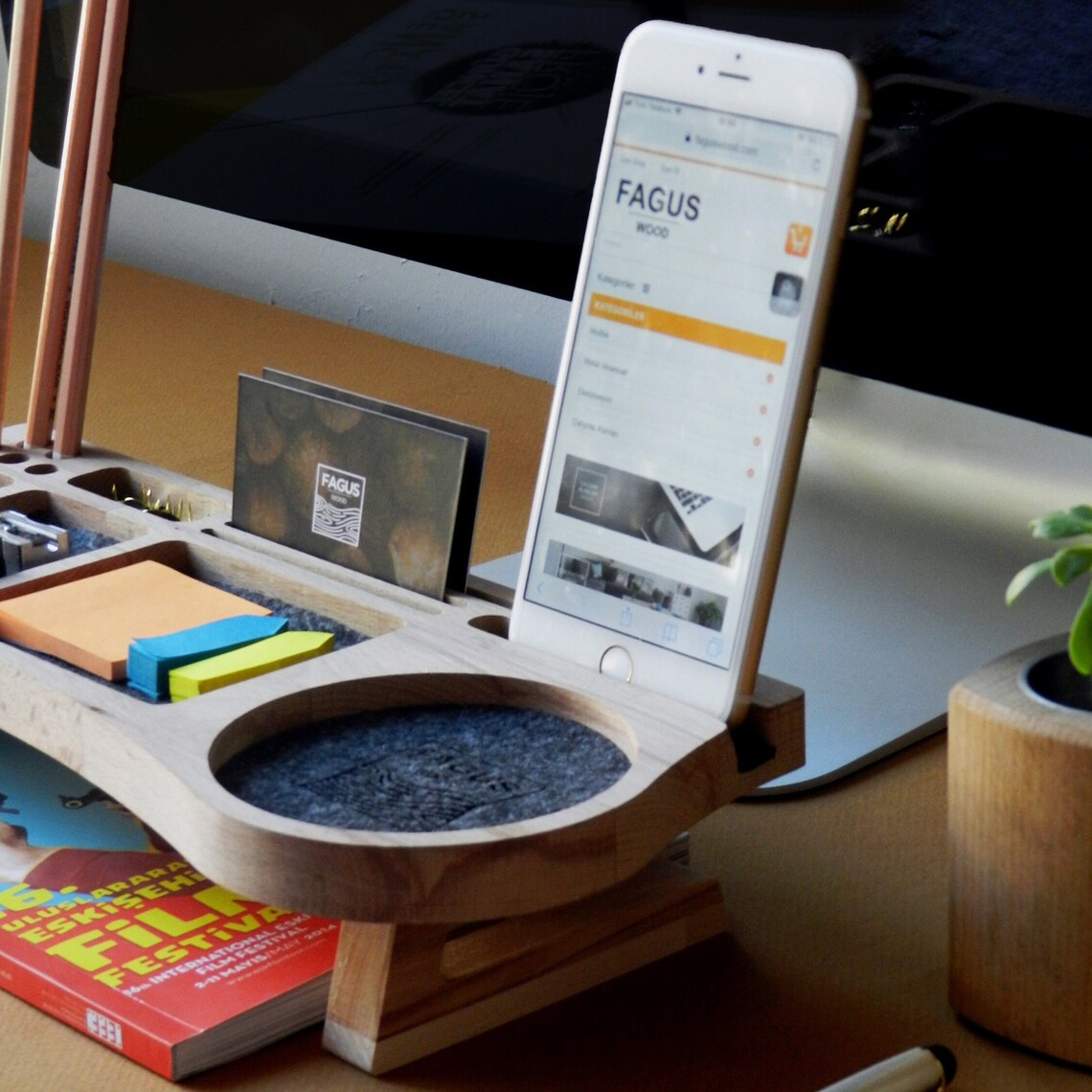 Stylish Wooden Desk Organizer with Compartments for Phone, Pens