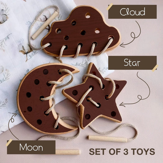 Wooden Lacing Toy for 2 Years Toddler Skills Development (Cloud Moon Star)