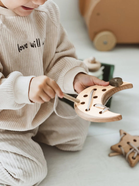 Wooden Lacing Toy for 2 Years Toddler Skills Development (Cloud Moon Star)