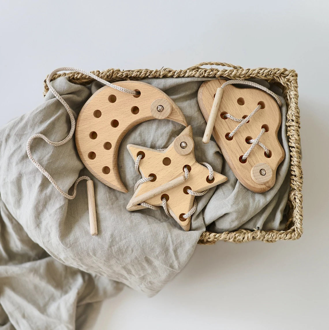 Wooden Lacing Toy for 2 Years Toddler Skills Development (Cloud Moon Star)