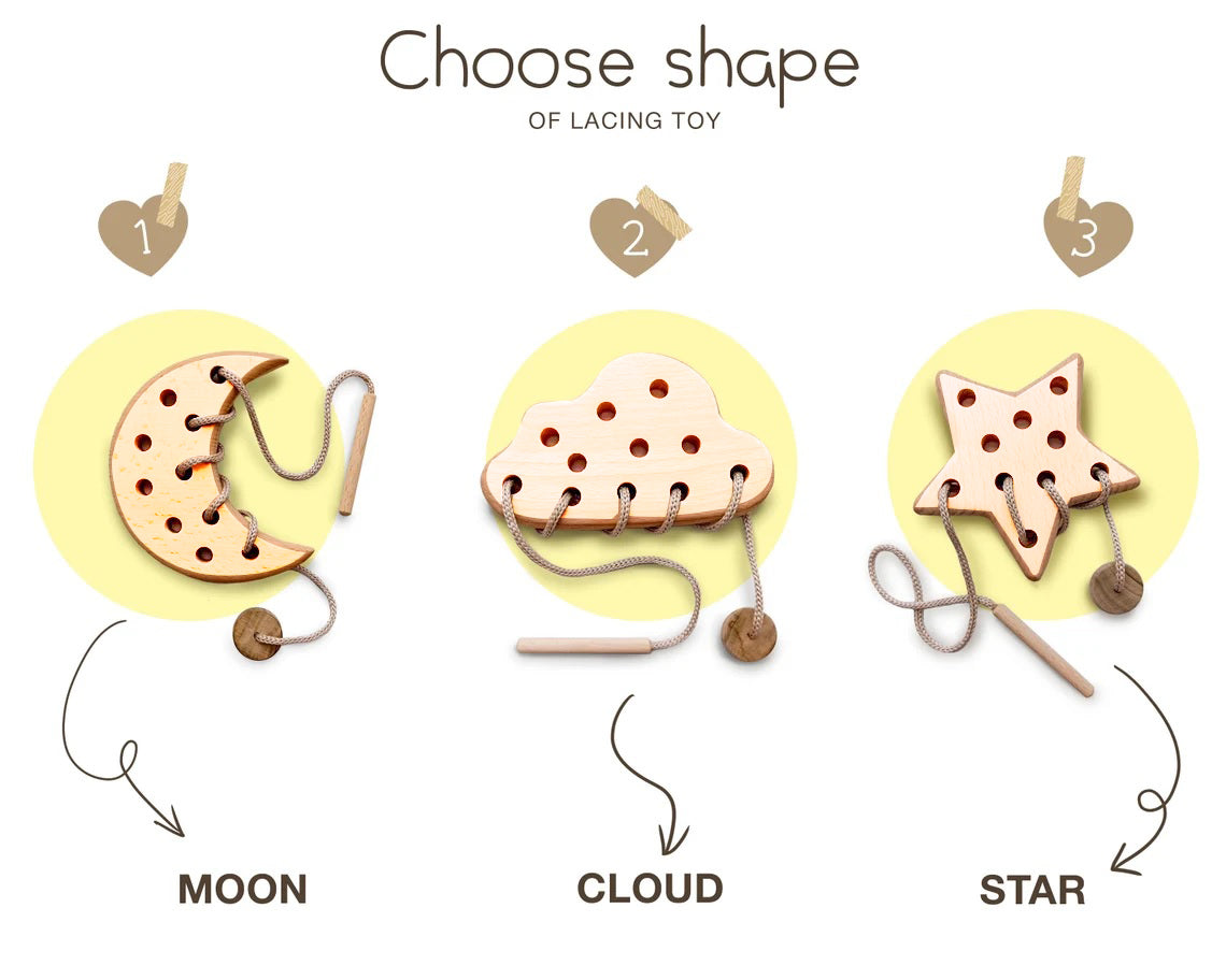 Wooden Lacing Toy for 2 Years Toddler Skills Development (Cloud Moon Star)