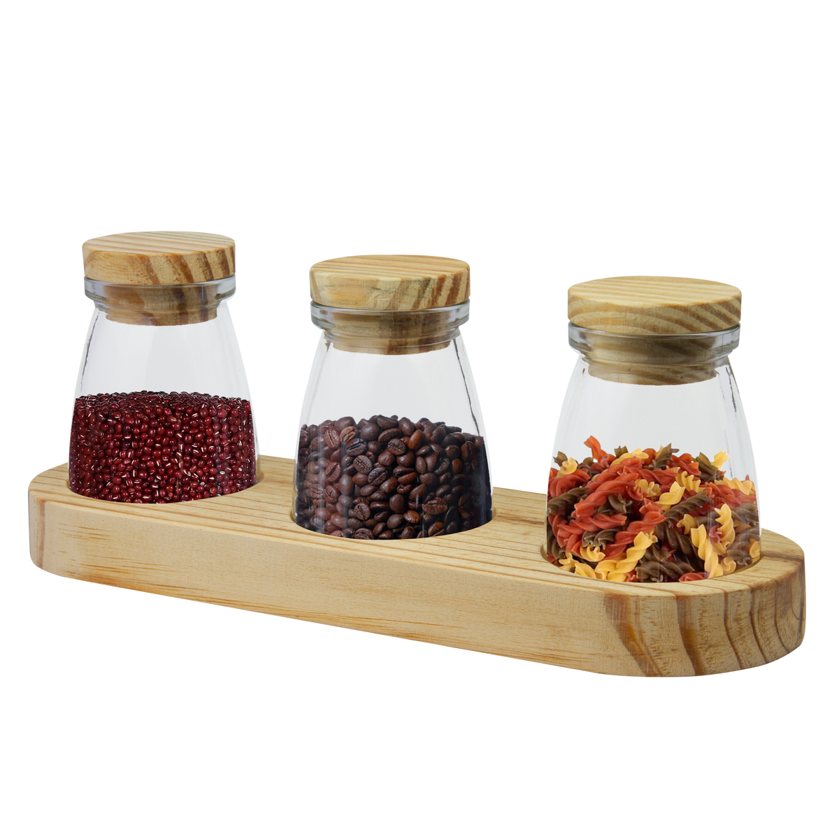 Glass Storage Jar Set with Wooden Lids and Tray
