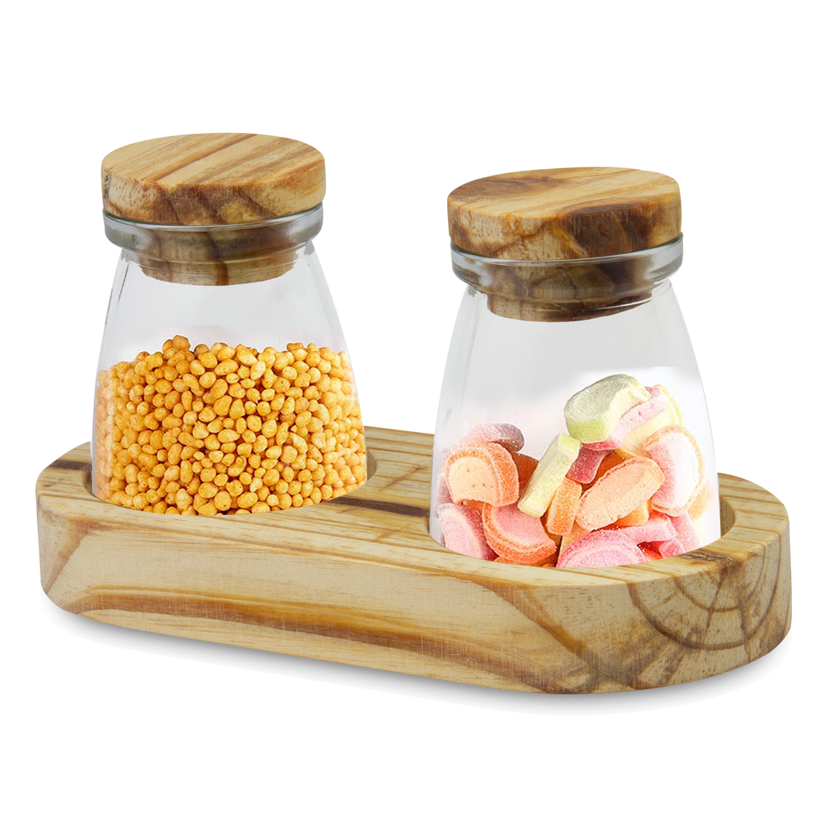 Glass Storage Jar Set with Wooden Lids and Tray