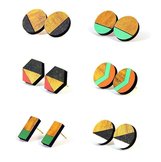 Handmade Wooden Stud Earrings Set For Girls And Women (Pack Of 6)