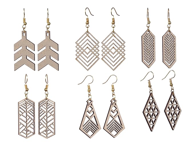 Wooden Long Earrings with Jewelry Organizer Box Set of 6 Pairs for Women and Girls