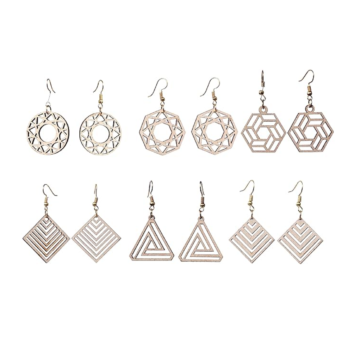 Wooden Round & Square Earrings with Jewelry Organizer Box Set of 6 Pairs for Women and Girls