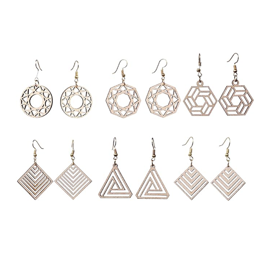 Wooden Round & Square Earrings with Jewelry Organizer Box Set of 6 Pairs for Women and Girls