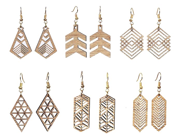 Wooden Long Earrings with Jewelry Organizer Box Set of 6 Pairs for Women and Girls