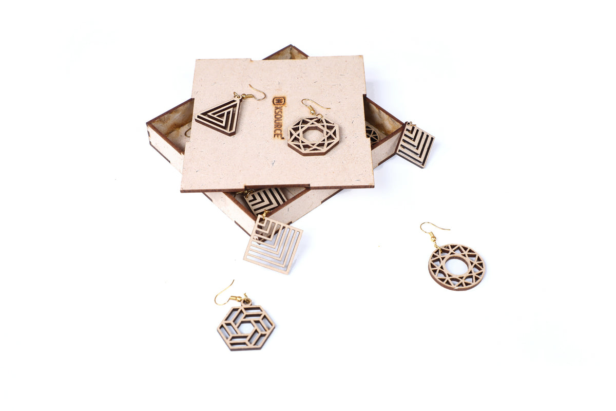Wooden Round & Square Earrings with Jewelry Organizer Box Set of 6 Pairs for Women and Girls