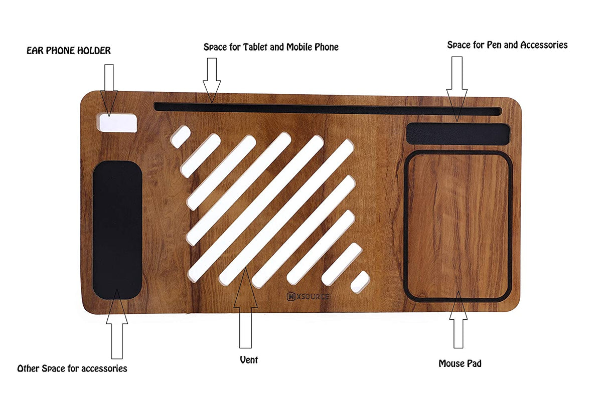 Wooden Lap Desk for Laptop with Vent Holes, Built in Leather Finished Mouse Pad & Device Ledge, Pen, Tablet & Phone Holder