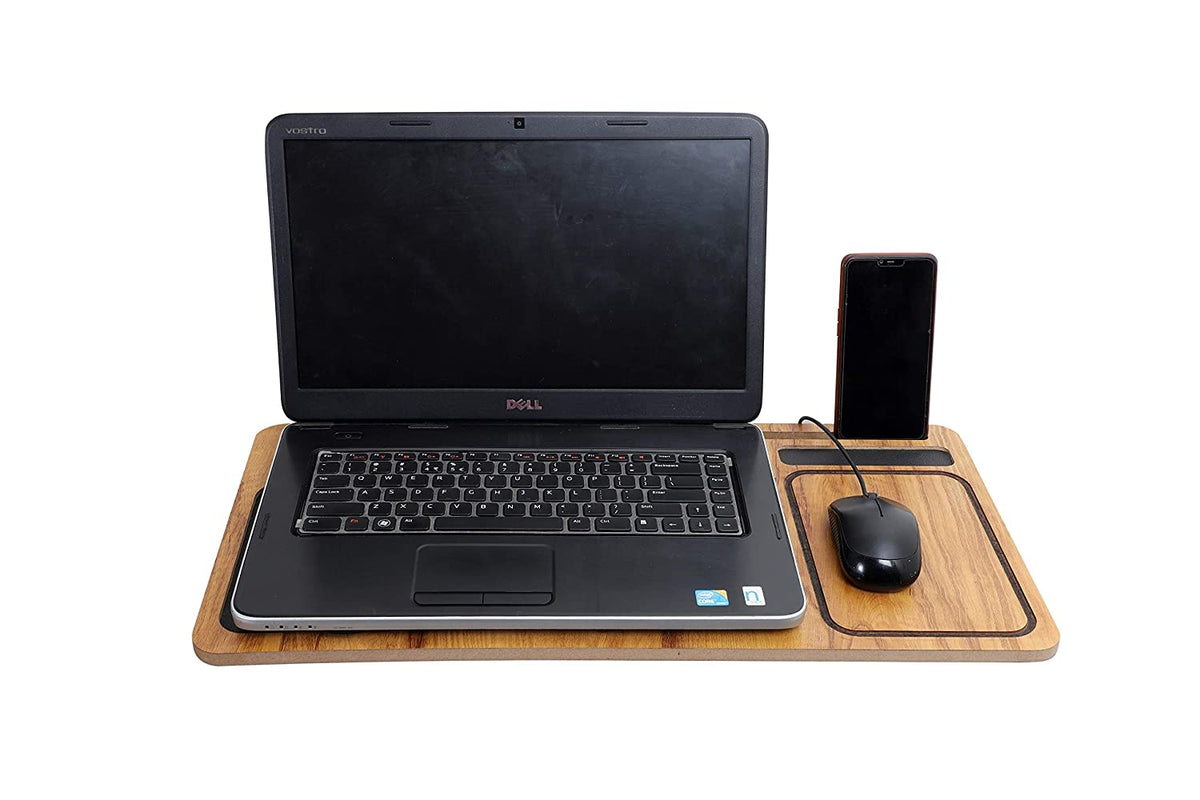 Wooden Lap Desk for Laptop with Vent Holes, Built in Leather Finished Mouse Pad & Device Ledge, Pen, Tablet & Phone Holder