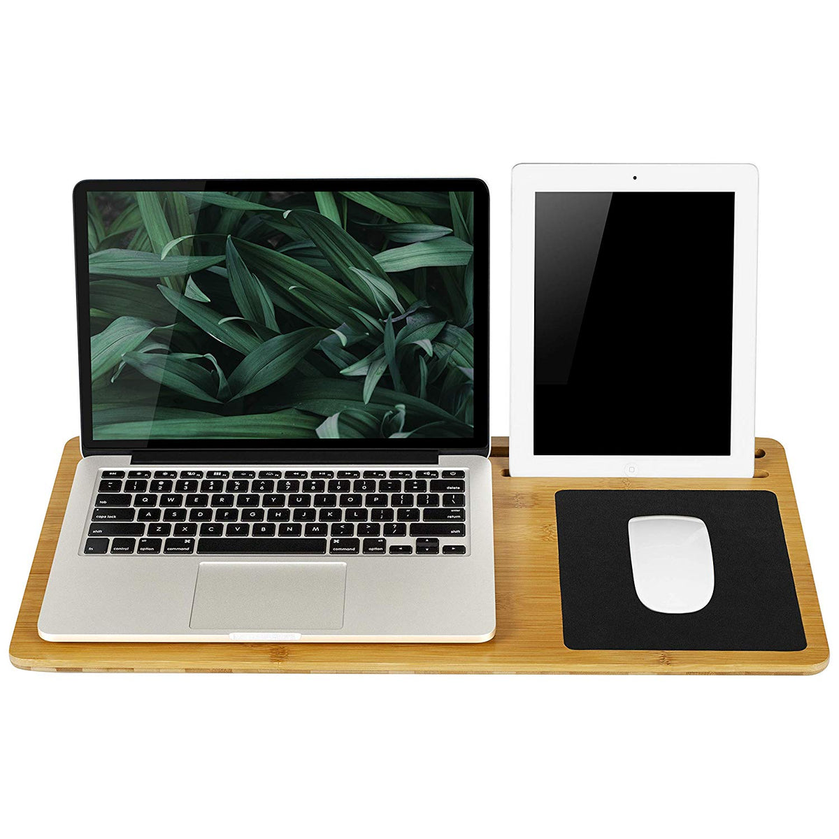 Wooden Lap Desk for Laptop with Vent Holes, Built in Leather Finished Mouse Pad & Device Ledge, Pen, Tablet & Phone Holder