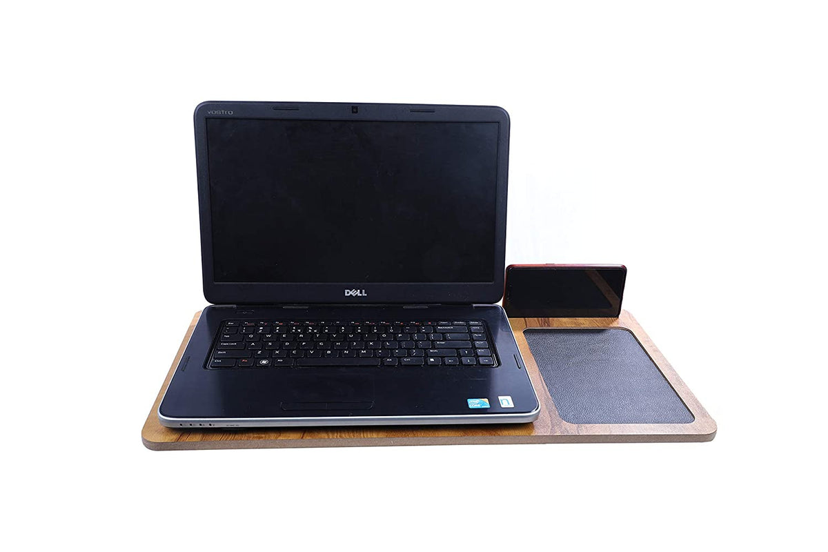 Wooden Lap Desk for Laptop with Vent Holes, Built in Leather Finished Mouse Pad & Device Ledge, Pen, Tablet & Phone Holder