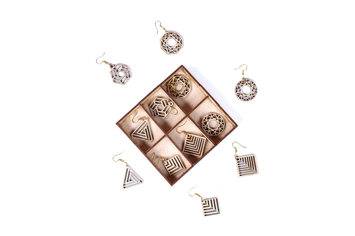 Wooden Round & Square Earrings with Jewelry Organizer Box Set of 6 Pairs for Women and Girls